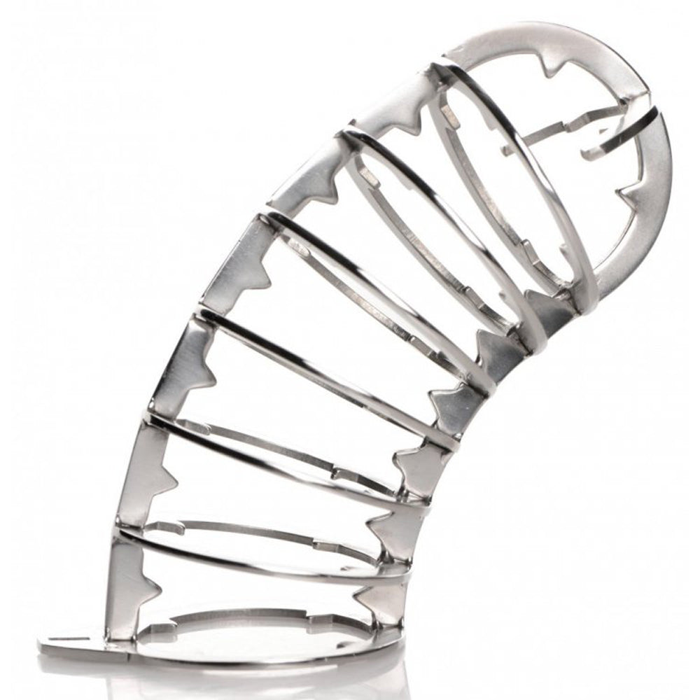 Stainless steel spiked chastity cage with an adjustable base.