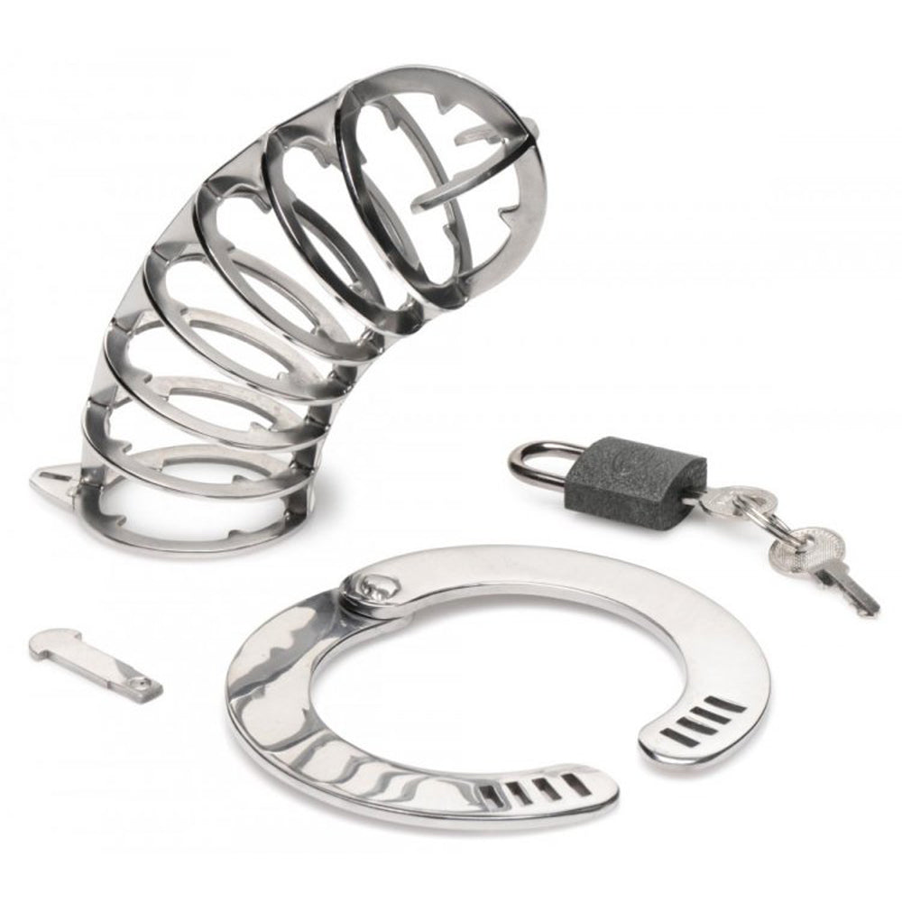 Stainless steel spiked chastity cage with adjustable base and lock.