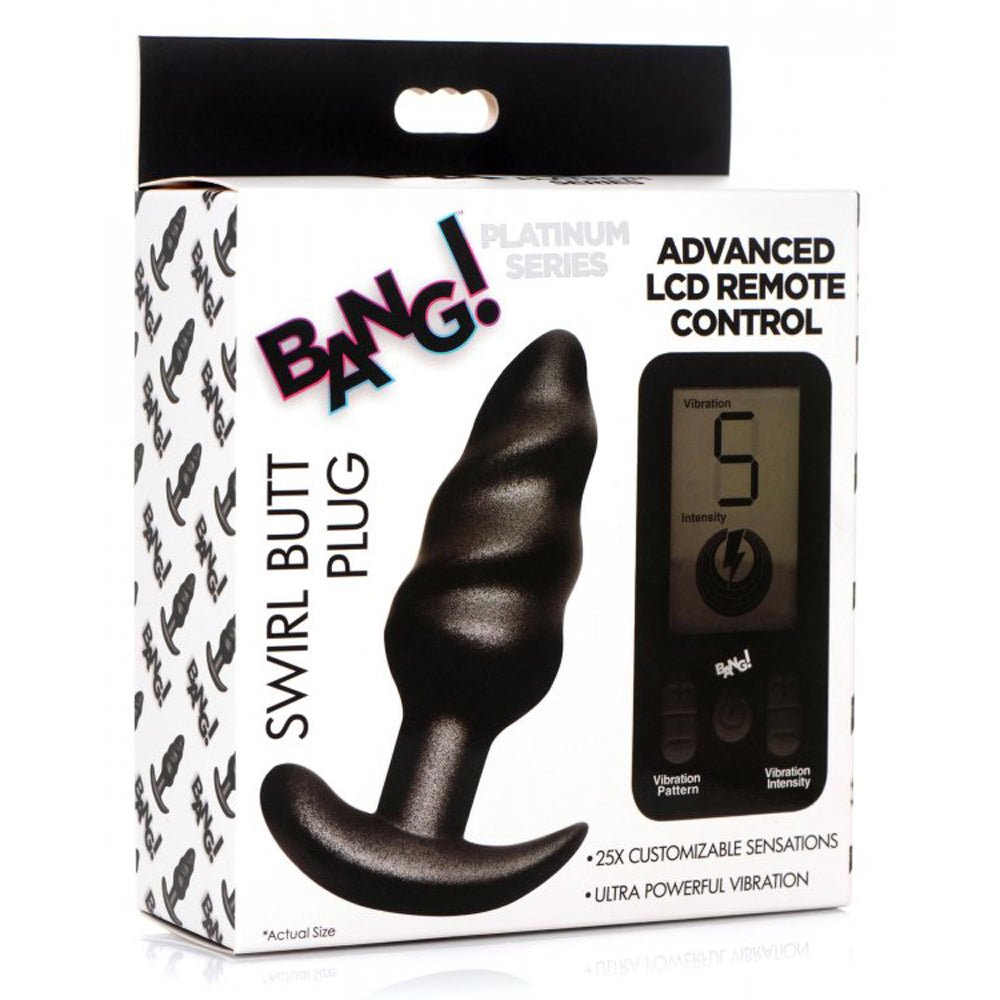 A black silicone swirl butt plug with a remote control.