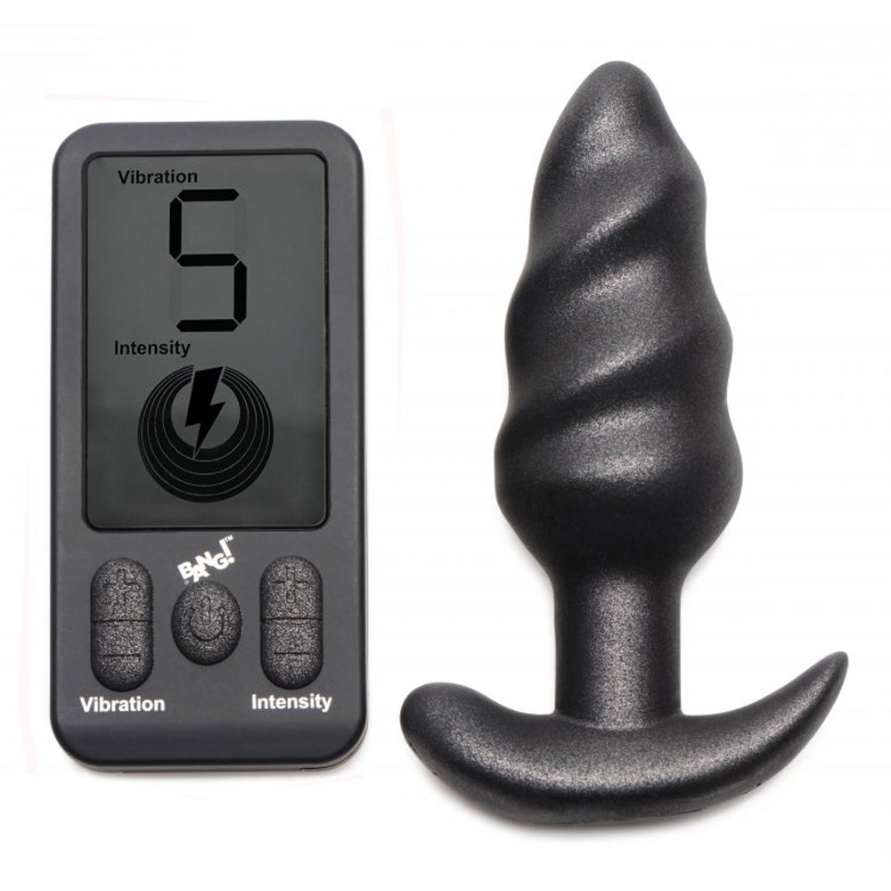 Black silicone swirl vibrating butt plug with remote control.