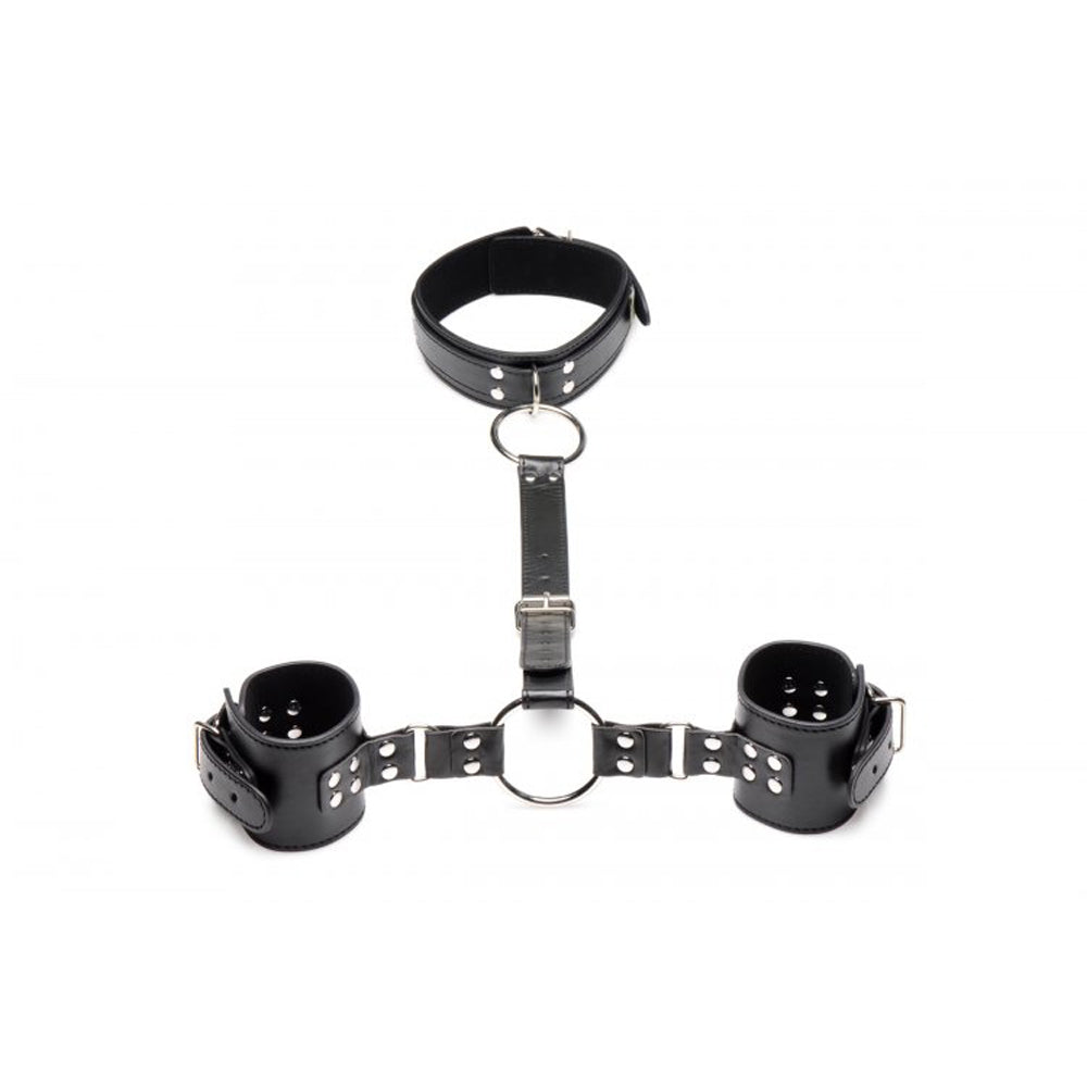 Black vegan leather neck and wrist restraints with metal O-rings.