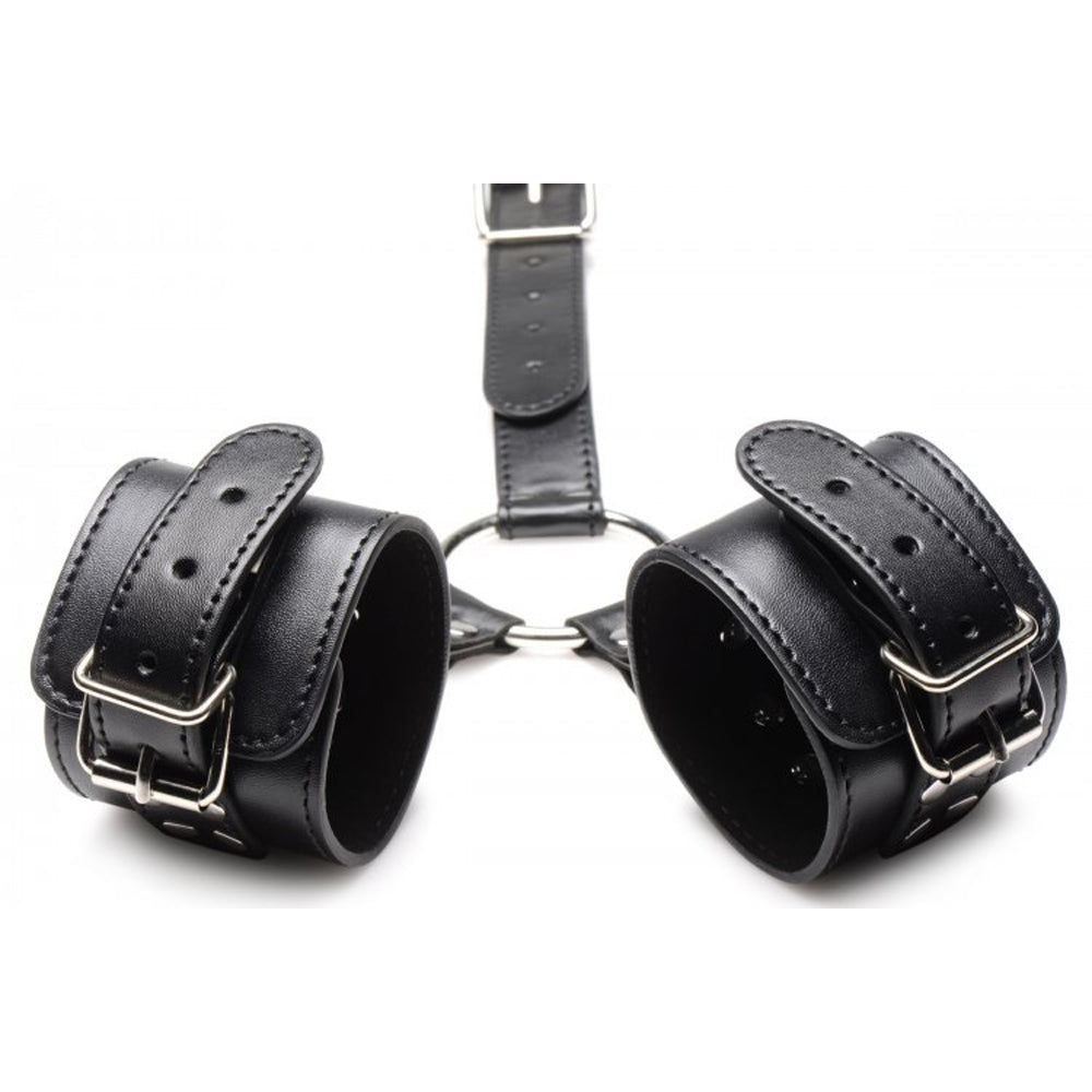 Black vegan leather neck to wrist restraints with silver buckles.