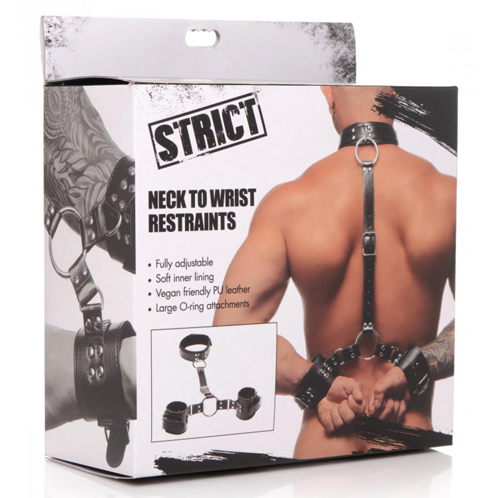 Black vegan PU leather neck to wrist restraints with adjustable straps and O-ring attachments.