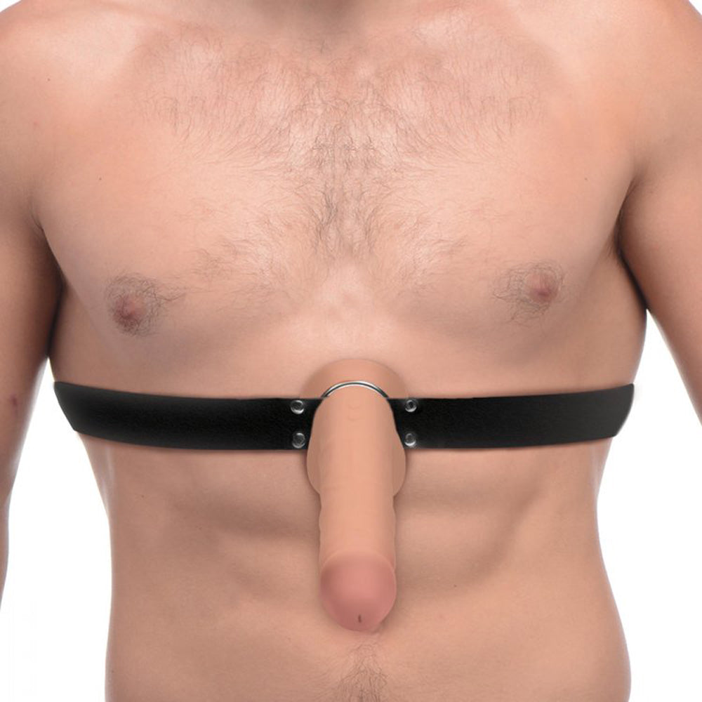 Adjustable black PU leather harness with metal O-ring and attached dildo.