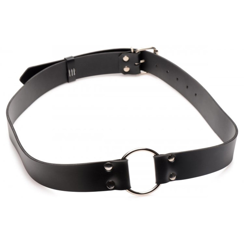 Black PU leather harness with adjustable straps and a metal O-ring.
