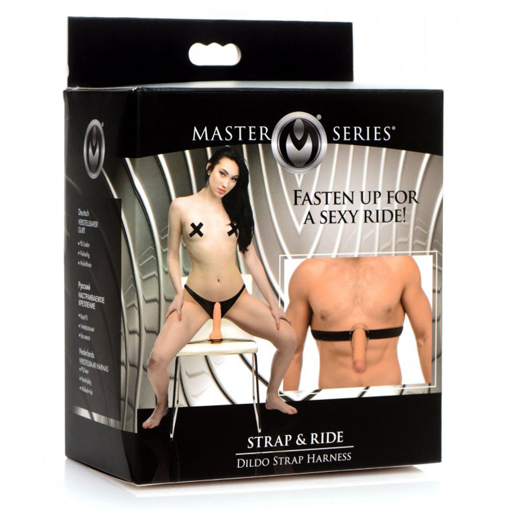 Adjustable PU leather strap-on harness with metal O-ring.