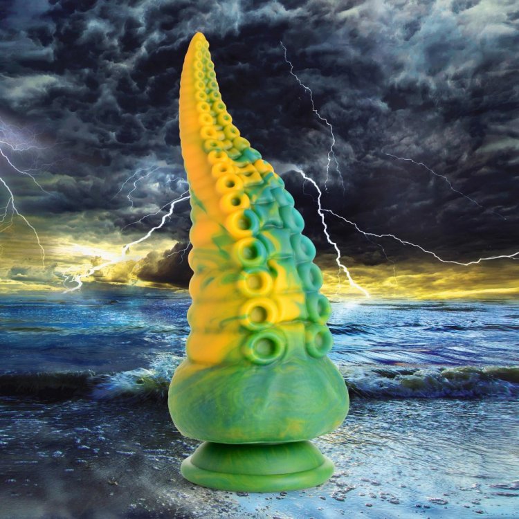 A green and yellow tentacle dildo with a suction cup base.