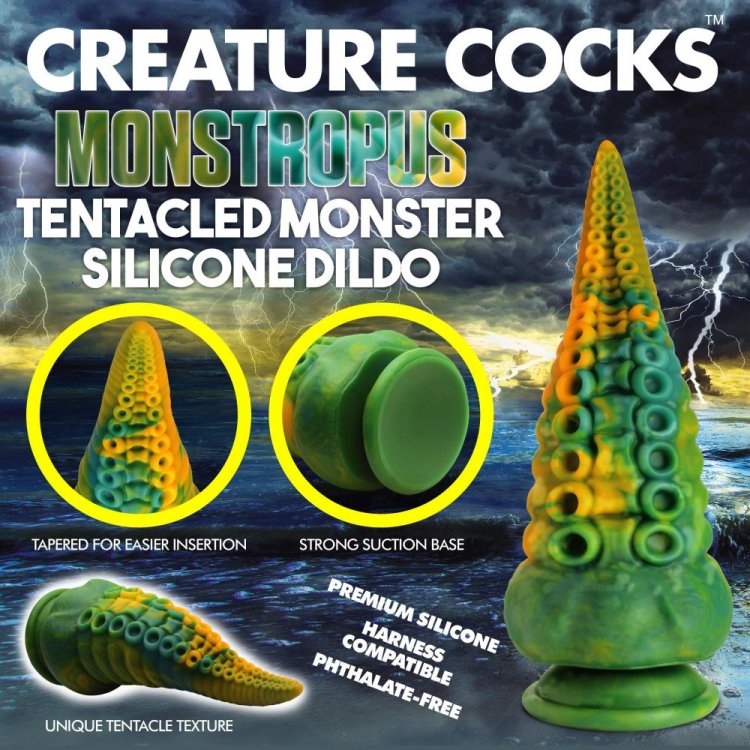 Green and yellow tentacle silicone dildo with suction cup base.