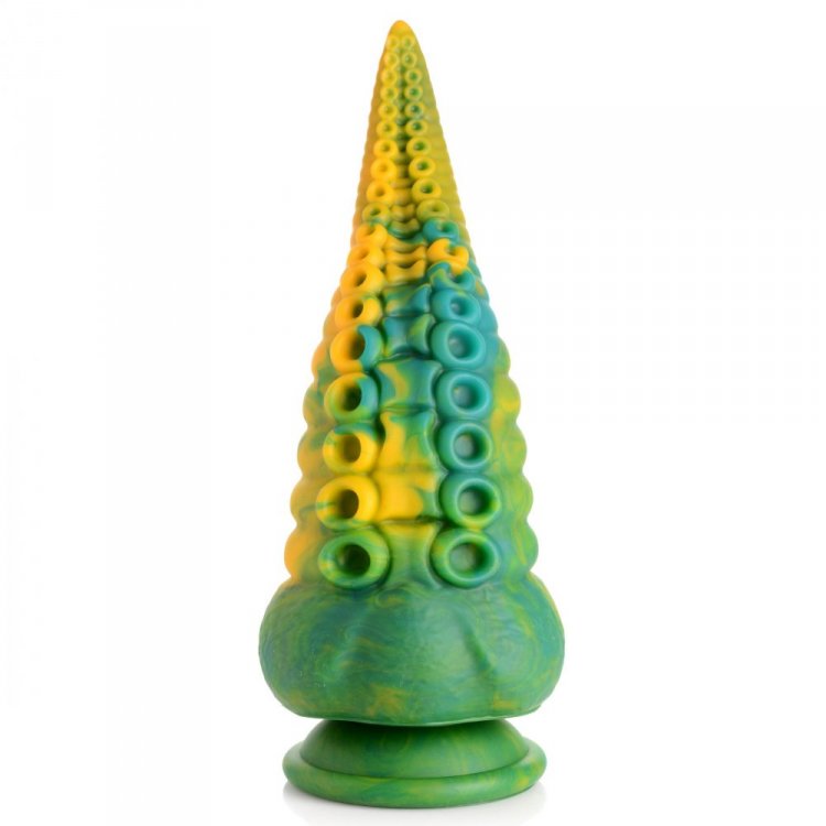 A green and yellow tentacle-shaped dildo with suction cup base.