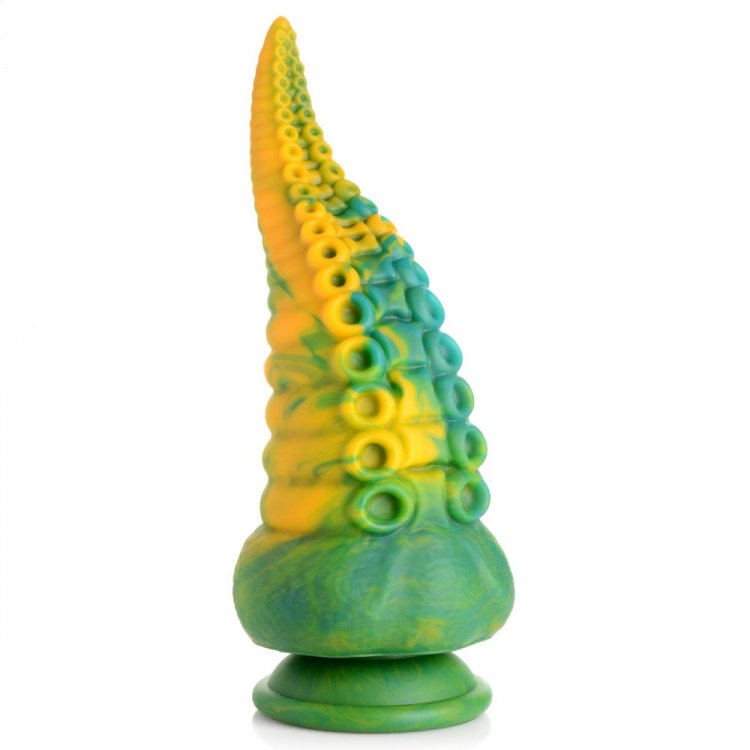 A marbled green and yellow tentacle dildo with suction cup base.