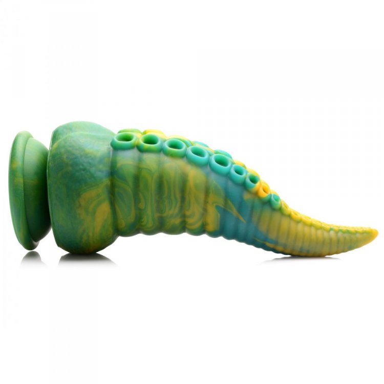 A marbled green, yellow, and blue silicone dildo shaped like a tentacle with a suction cup base.