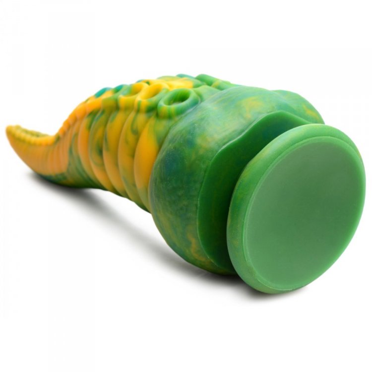 A marbled green and yellow silicone tentacle dildo with a suction cup base.