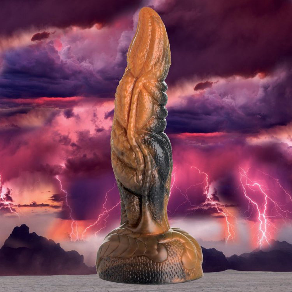 A rippled tentacle dildo with a marbled brown and black design on a textured base.