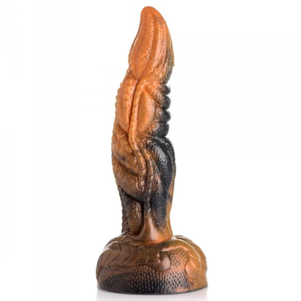 A rippled tentacle dildo with orange and black marbling.