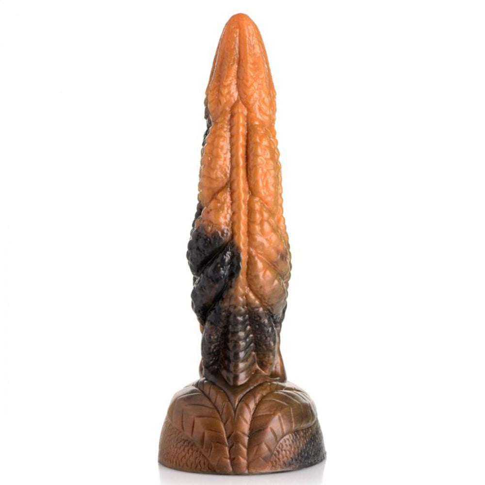 Orange and black rippled tentacle silicone dildo with a textured base.
