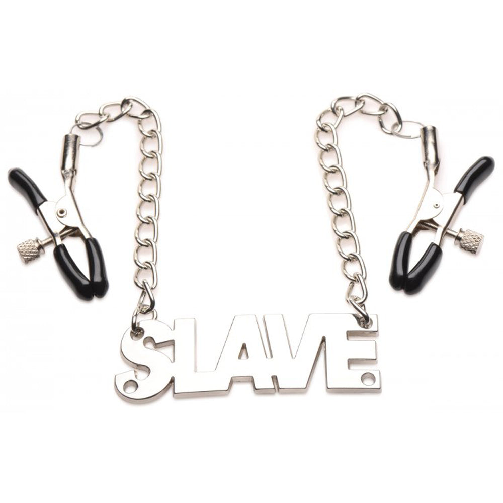 Silver chain with two black-tipped clamps and a "SLAVE" pendant.