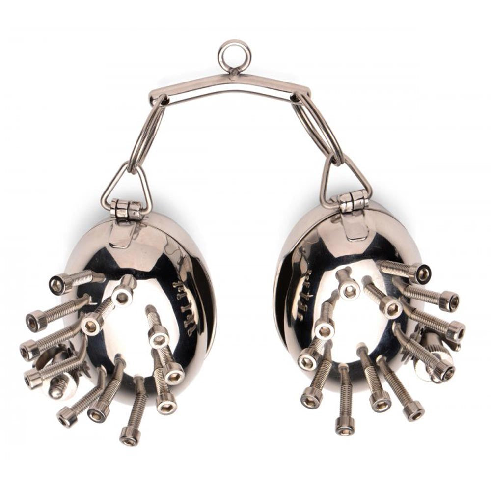 Stainless steel spiked testicle cages with a connecting bar and lock.