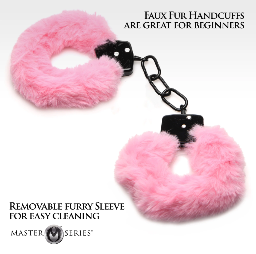 Pink faux fur handcuffs with adjustable metal cuffs and a chain.