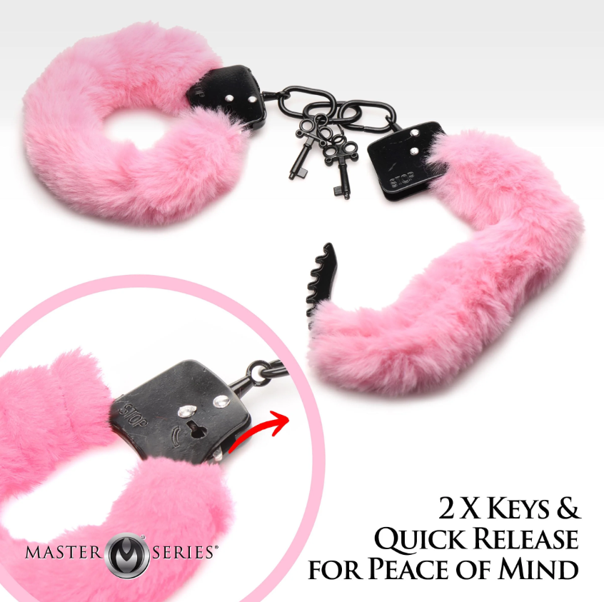 Pink furry handcuffs with metal cuffs and two keys.