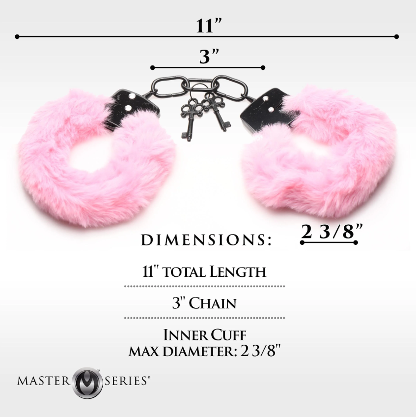 Pink furry handcuffs with metal cuffs and keys, 11 inches total length.