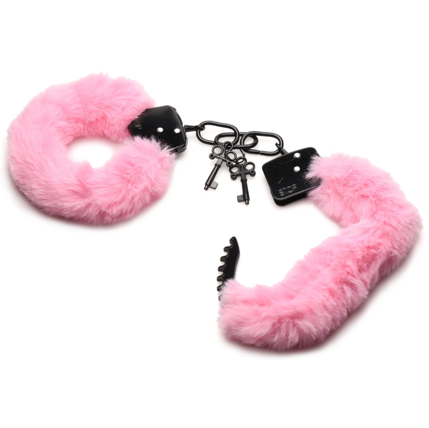 Pink furry handcuffs with black metal cuffs and two keys.