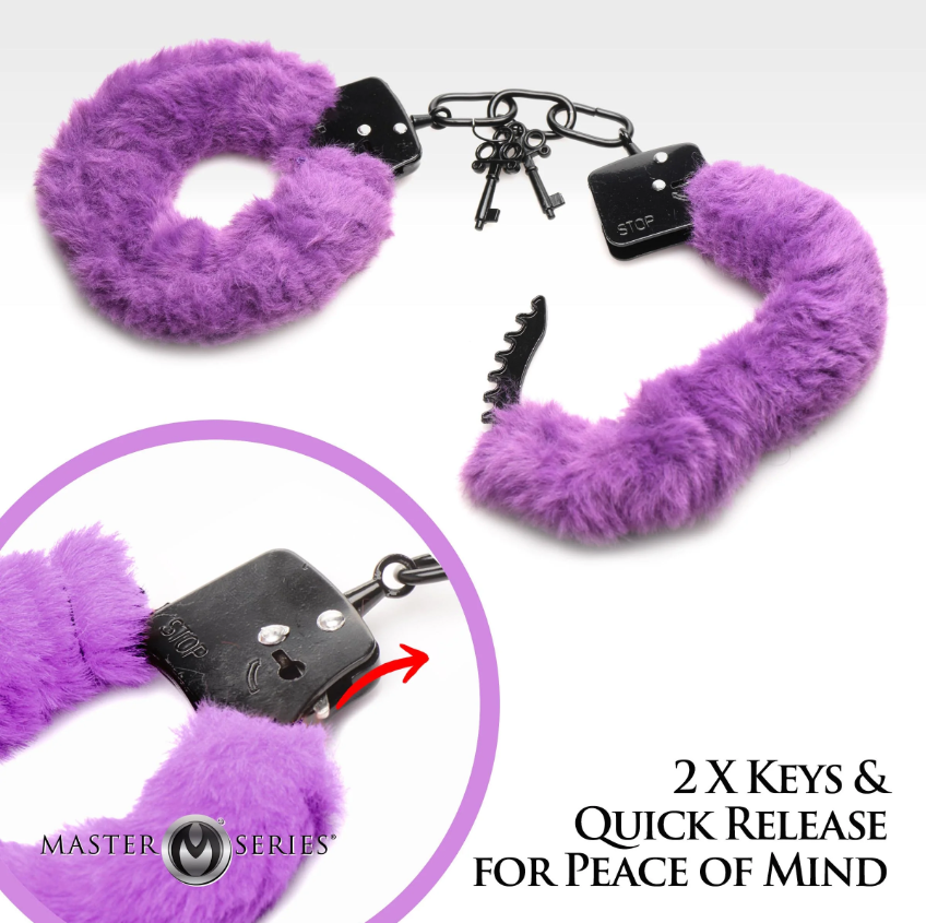 Purple furry handcuffs with metal core and two keys.