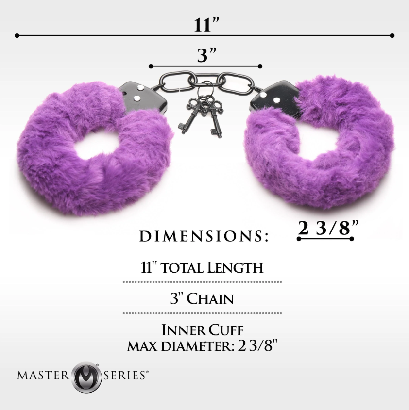 Purple furry handcuffs with metal core and keys, 11 inches total length.