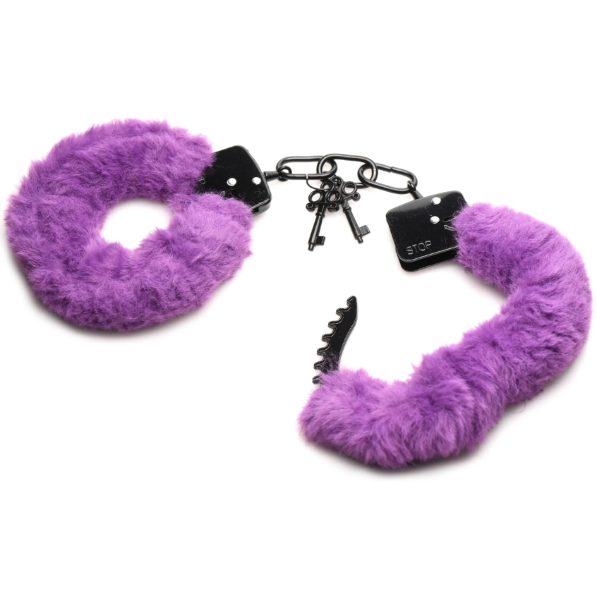 Purple furry handcuffs with metal core and two keys.