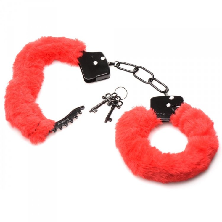Red faux fur handcuffs with two keys.