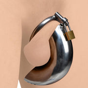 Forged Captor stainless steel chastity cage with padlock.
