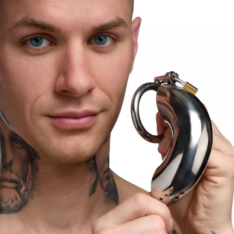 Forged Captor stainless steel chastity cage with padlock and three rings.