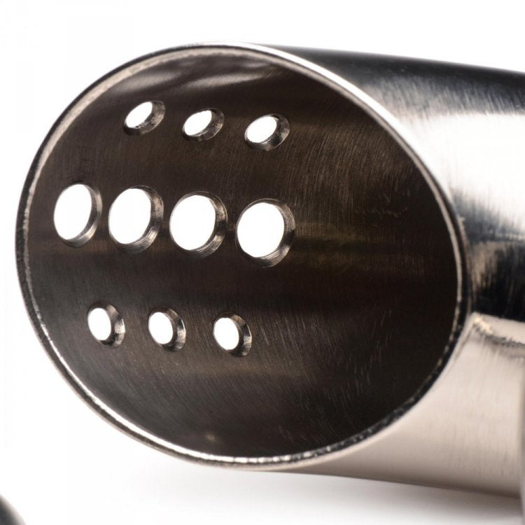 Forged Captor stainless steel chastity cage with multiple holes and a shiny finish.