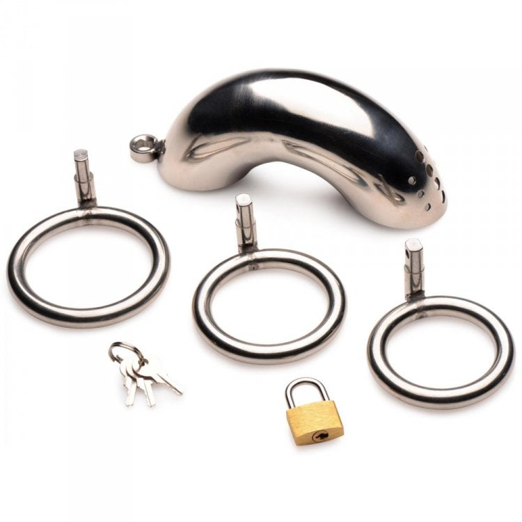 Stainless steel chastity cage with three rings, a padlock, and keys.