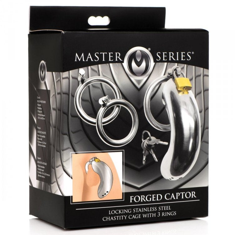 Forged Captor stainless steel chastity cage with 3 rings and padlock.