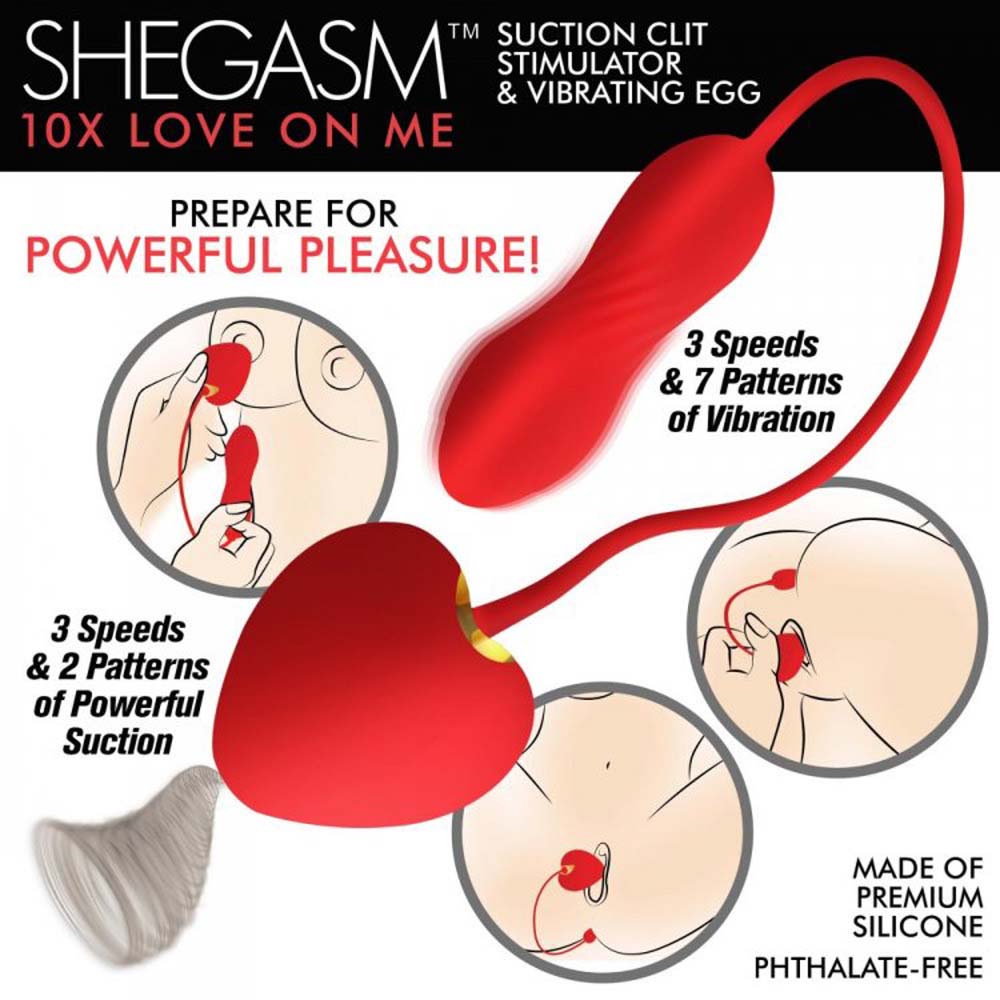 Red suction clit stimulator and vibrating egg with multiple suction and vibration settings.