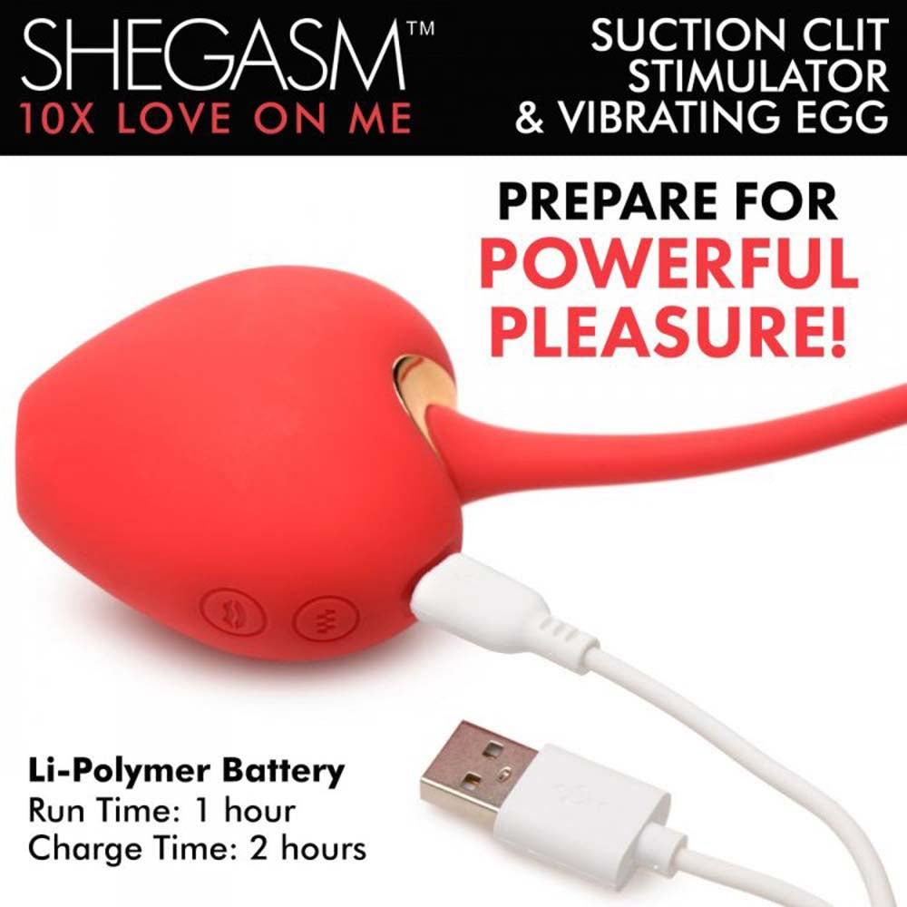 Red suction clit stimulator and vibrating egg with USB charging cable.