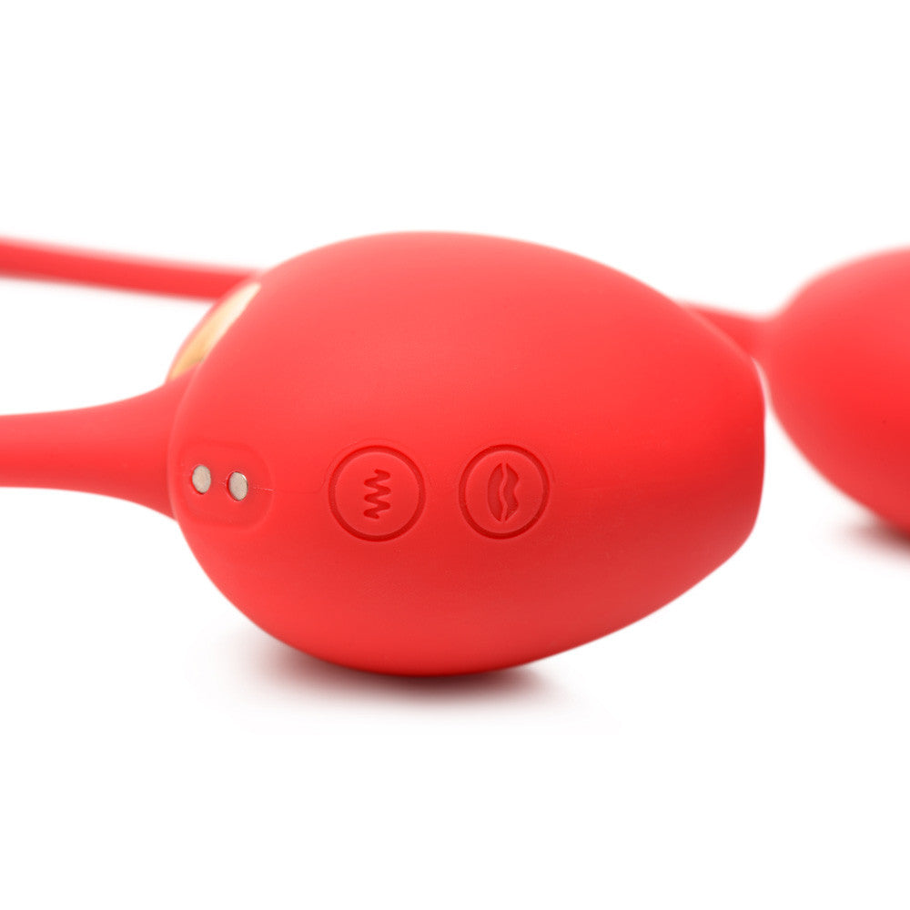 Red clitoral suction stimulator and vibrating egg with button icons.