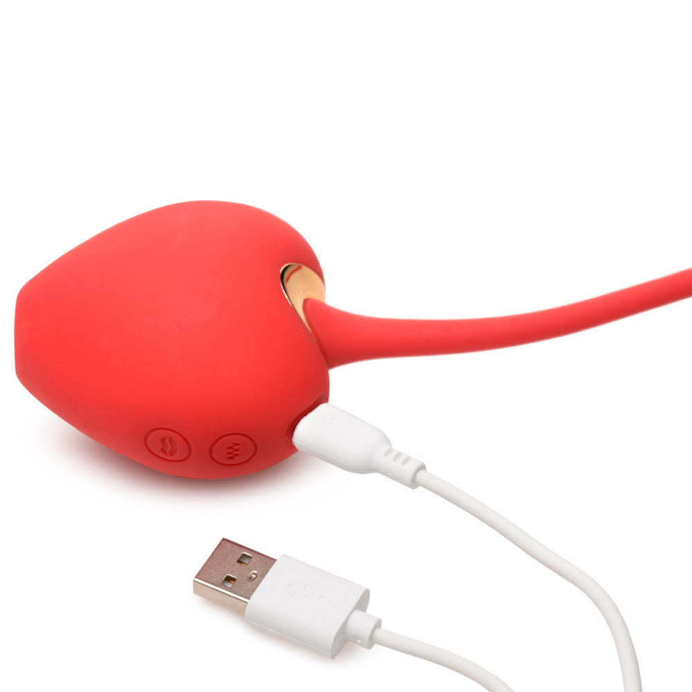Red heart-shaped clitoral stimulator with a USB charging cable.