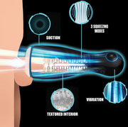 Masturbator with suction, vibration, textured interior, and squeezing modes.