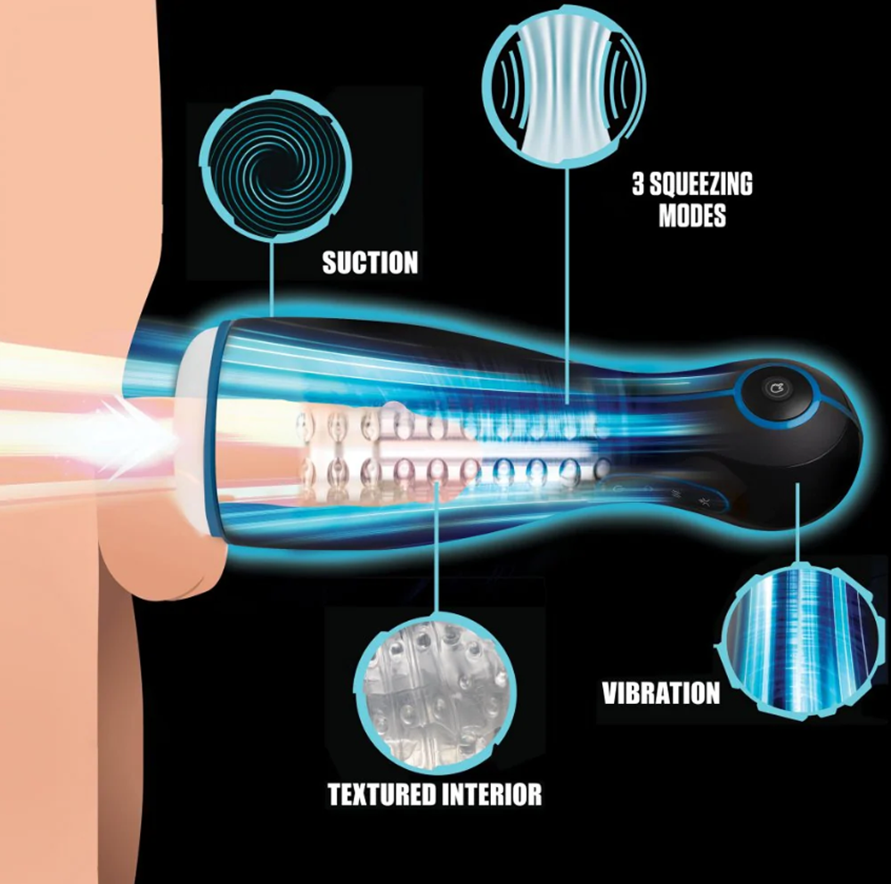 Masturbator with suction, vibration, textured interior, and squeezing modes.