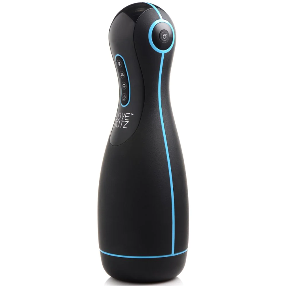 Black and blue vibrating masturbator with buttons and logo.
