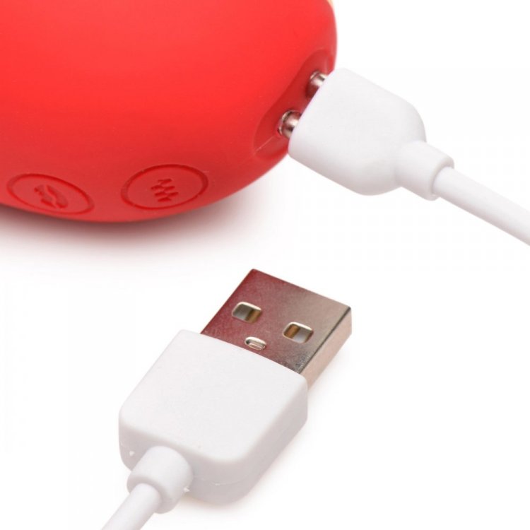Red clitoral suction toy connected to a white USB charging cable.