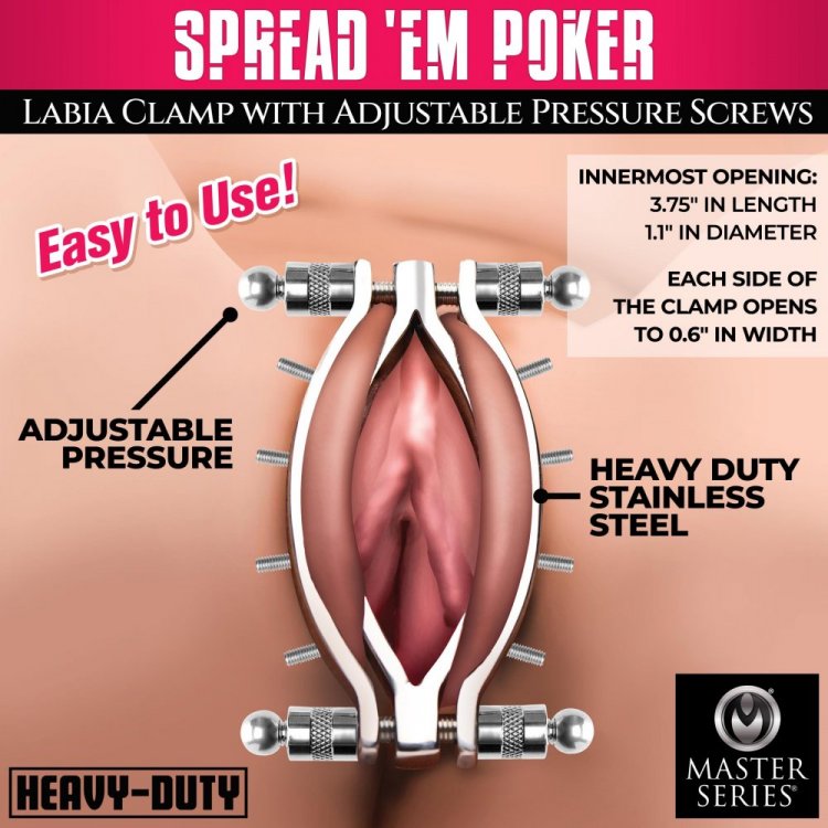 Stainless steel labia clamp with adjustable pinch screws.