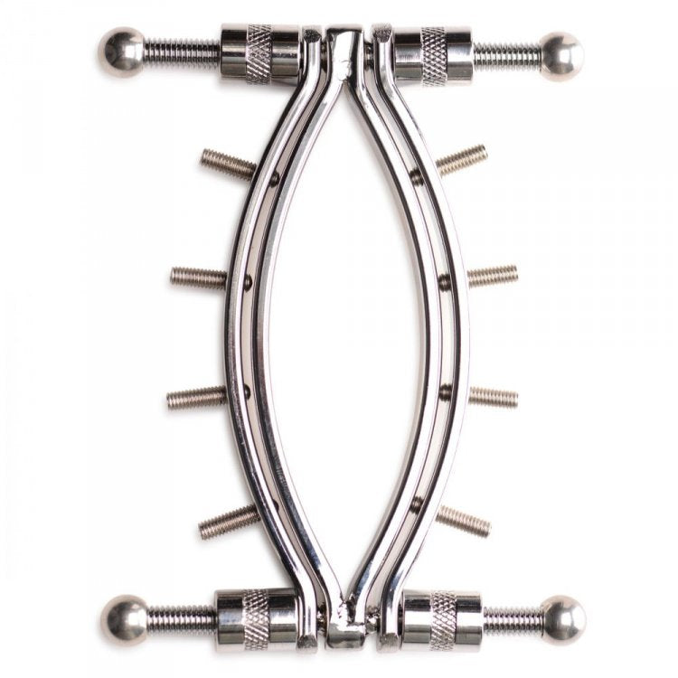 Stainless steel labia clamp with adjustable pinch screws.