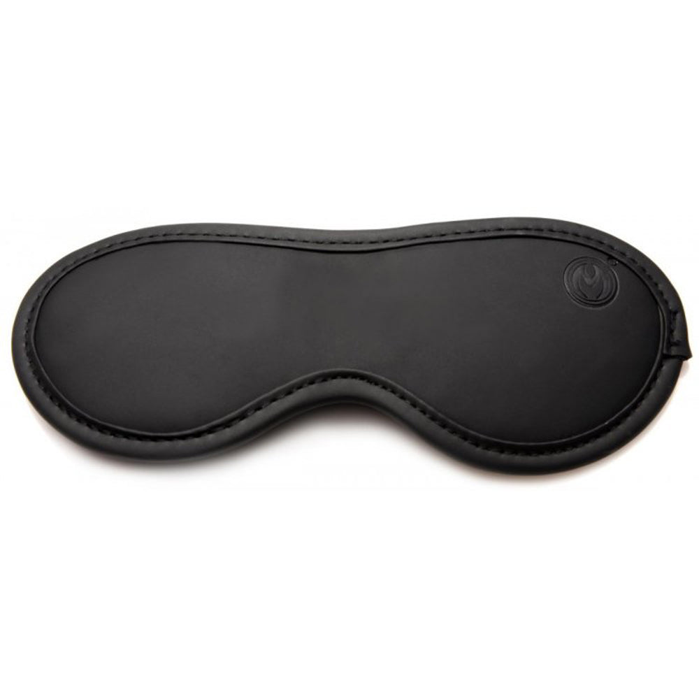 Black vegan PU leather blindfold with stitched edges and a circular emblem.