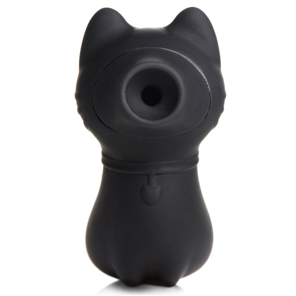 Black silicone cat-shaped clitoral stimulator with a suction opening.