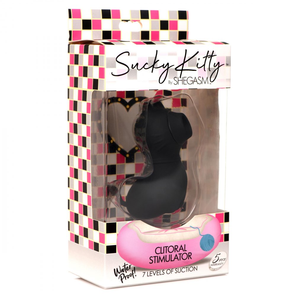 Black Sucky Kitty clitoral stimulator in packaging, waterproof silicone.