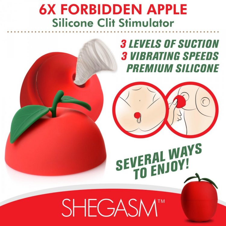 A red apple-shaped clitoral stimulator with suction and vibration features.