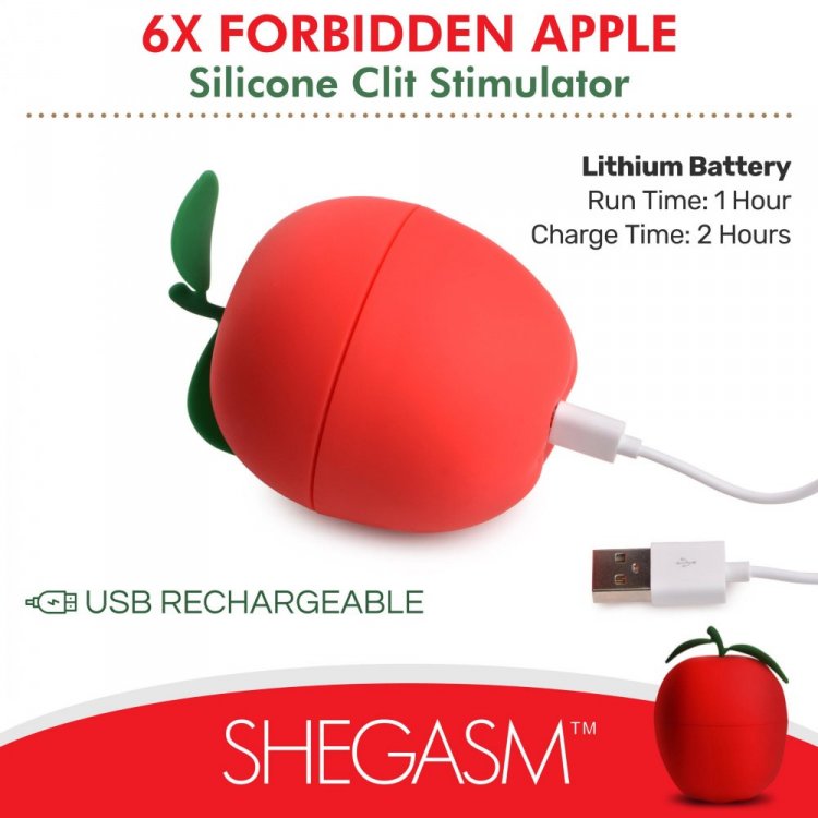 Red apple-shaped silicone clitoral stimulator with USB charging.