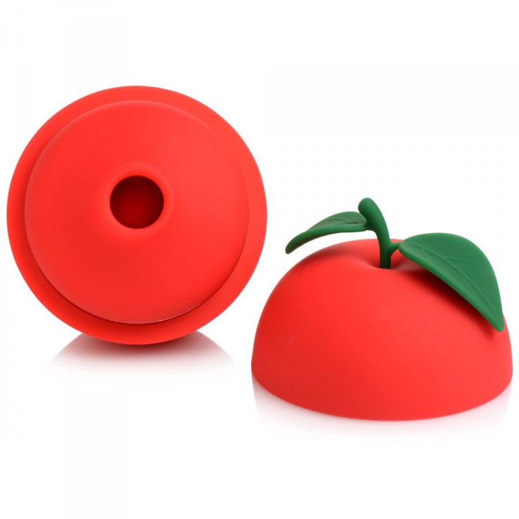 Red apple-shaped clitoral stimulator with green leaf and stem.